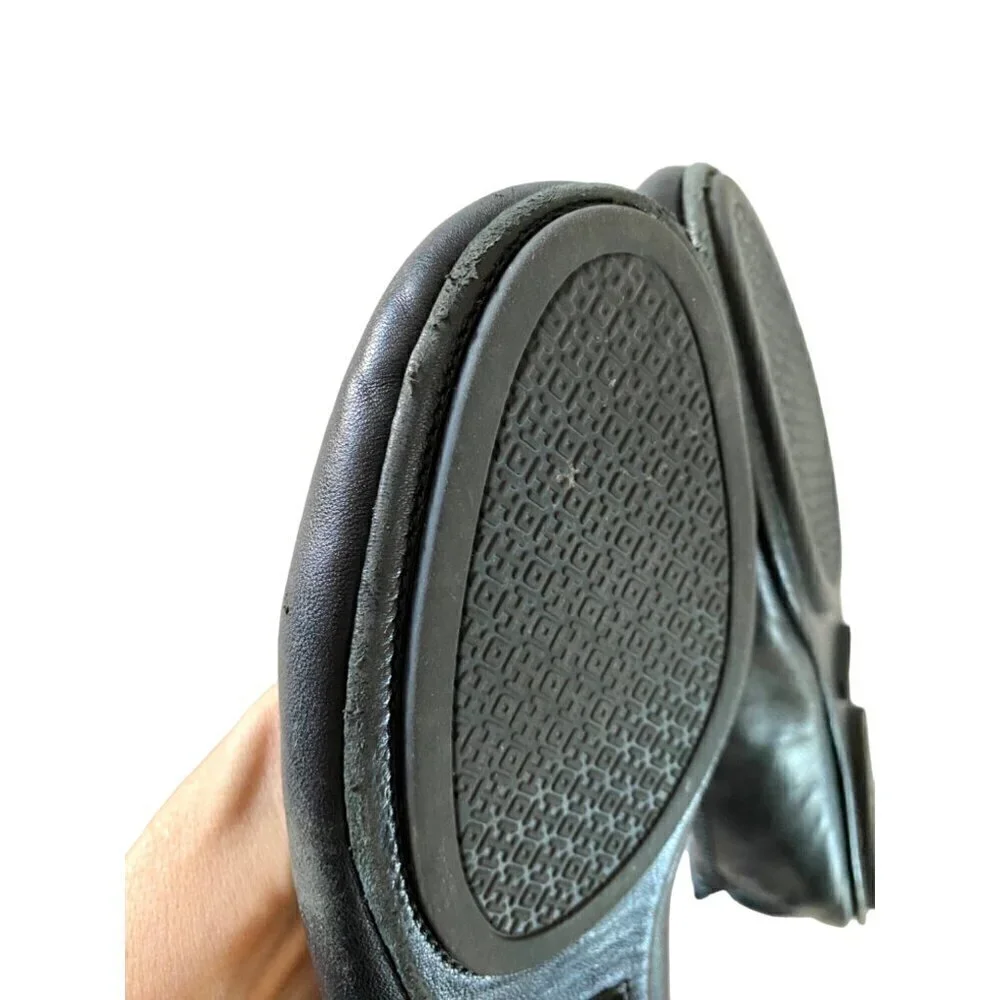 Tory Burch Minnie Travel Ballet Flats 6.5 Black Napa Leather Logo Shoes‎